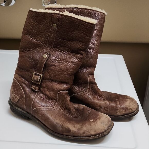 - Ugg Australia Bellevue Brown Leather Shearling Moto Boots Size 10 - Picture 1 of 9